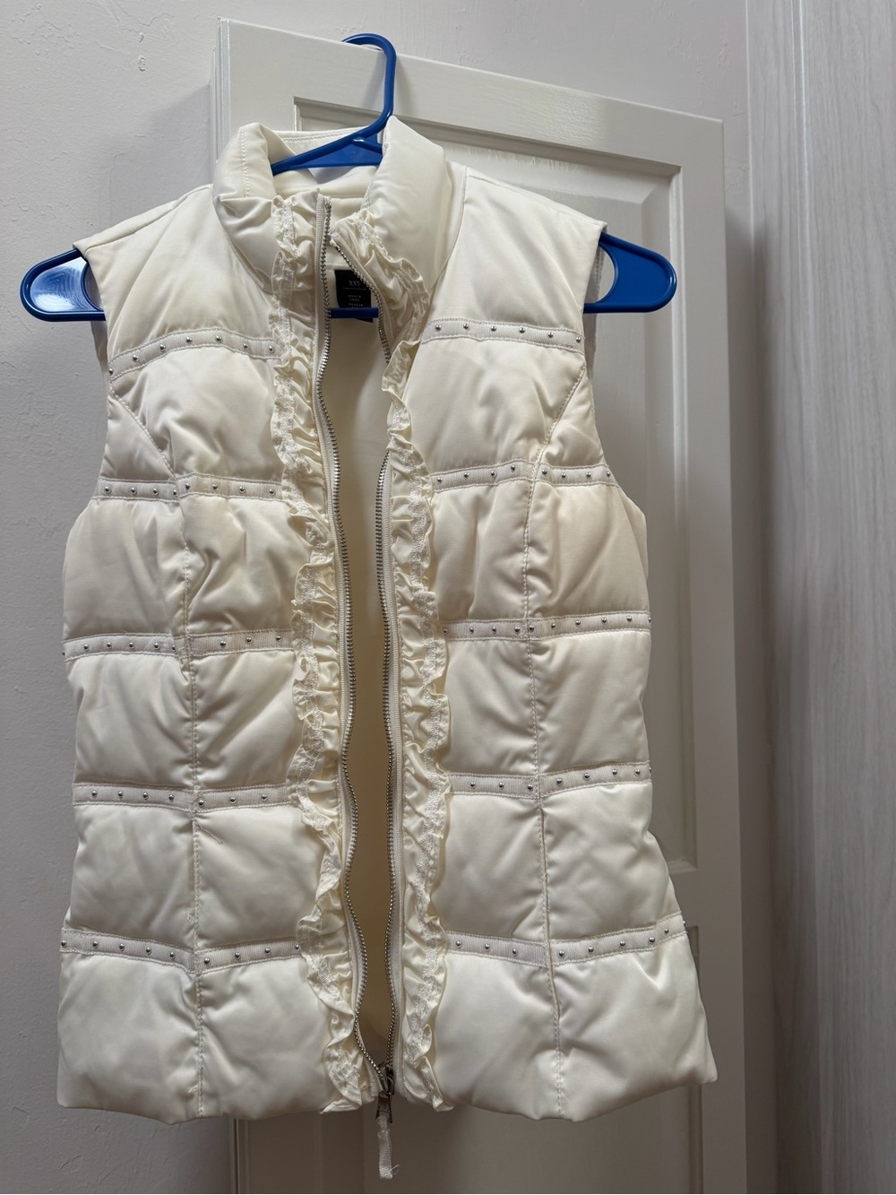 White House Black Market Cream Quilted Vest with Ruffle Trim